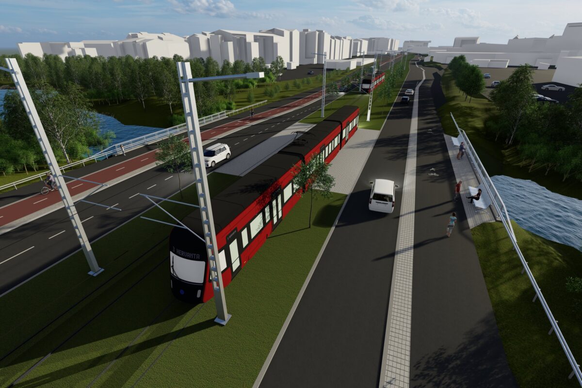 Havainnekuva Vihilahden sillasta, missä kulkee Ratikka, autotie ja pyörätie.