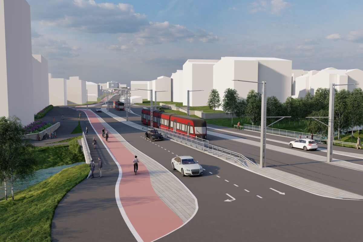 Havainnekuva Ratikasta Härmälänojan sillalla Härmälään päin kuvattuna.