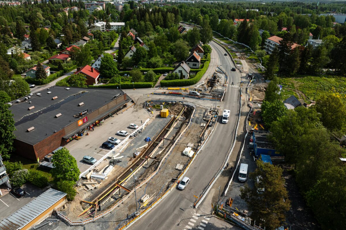 Nuolialantien ja Talvitien risteysalue ilmasta kuvattuna.