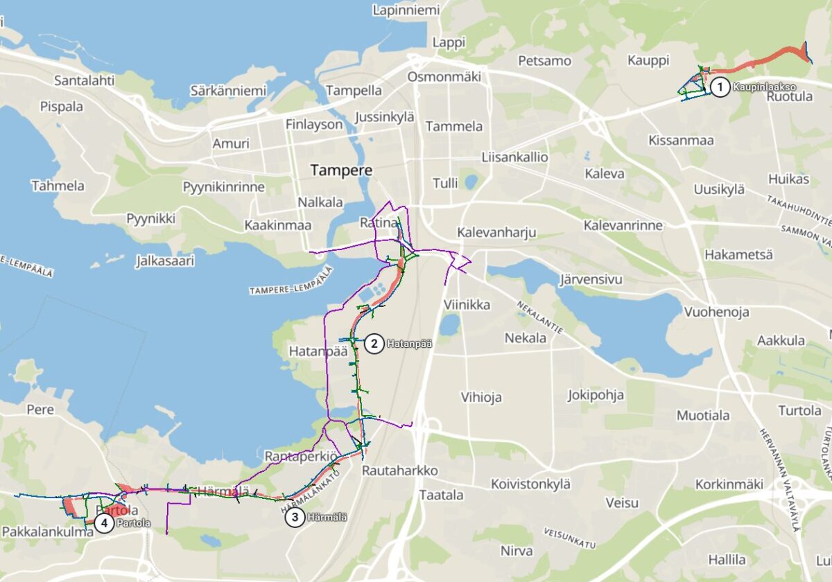 Karttakuva raitiotien rakentamisalueesta.